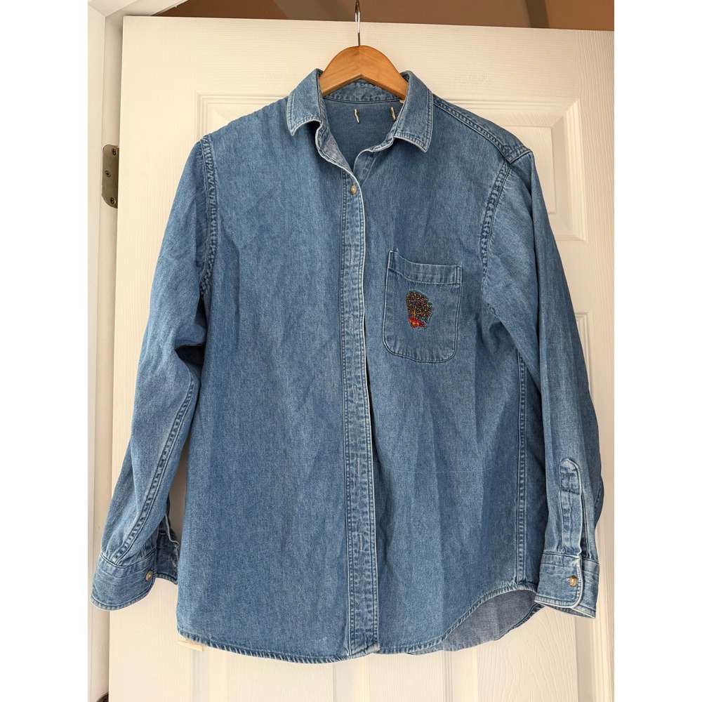 VTG 90s Denim Orchard Embroidered Button Down Fall Mom Fashion Cottage